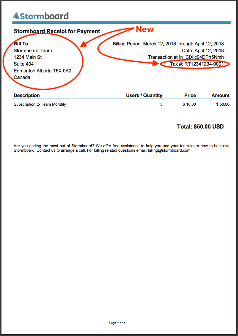 Stormboard Receipt for payment example