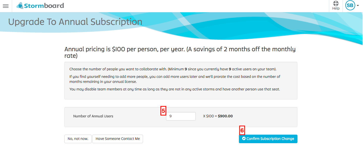 Stormboard subscription change page